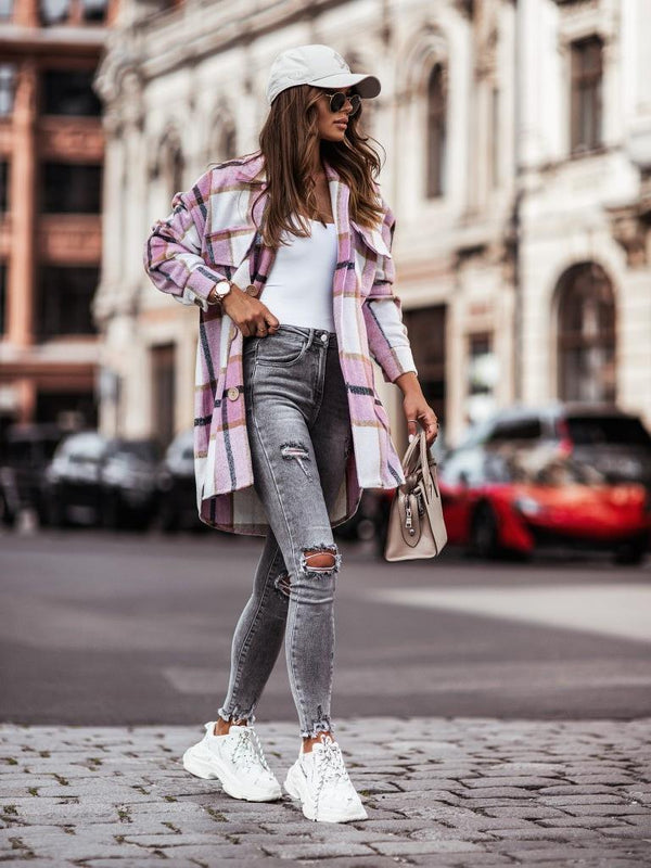 Long Sleeve Plaid Print Shirt Woolen Coat - Amazitshop