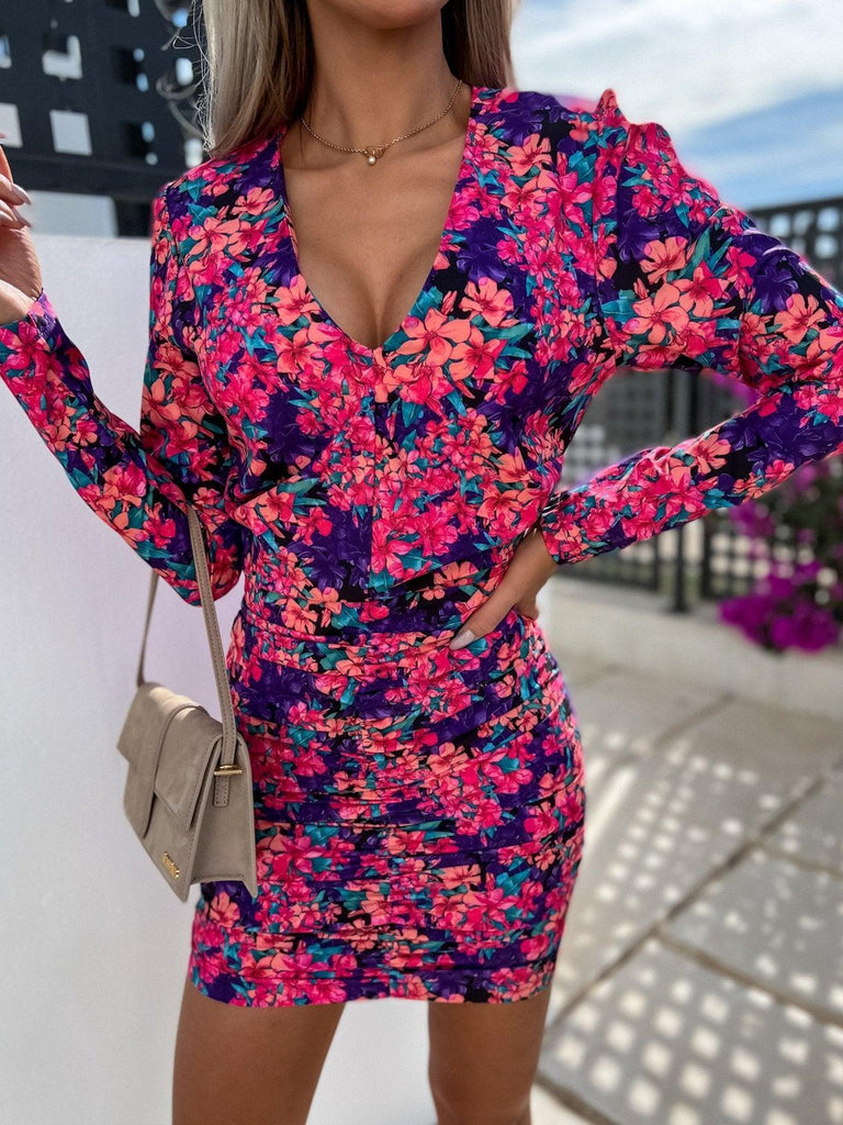 Long Sleeve V - Neck Print Pack Hip Gathered Body Dress - Amazitshop