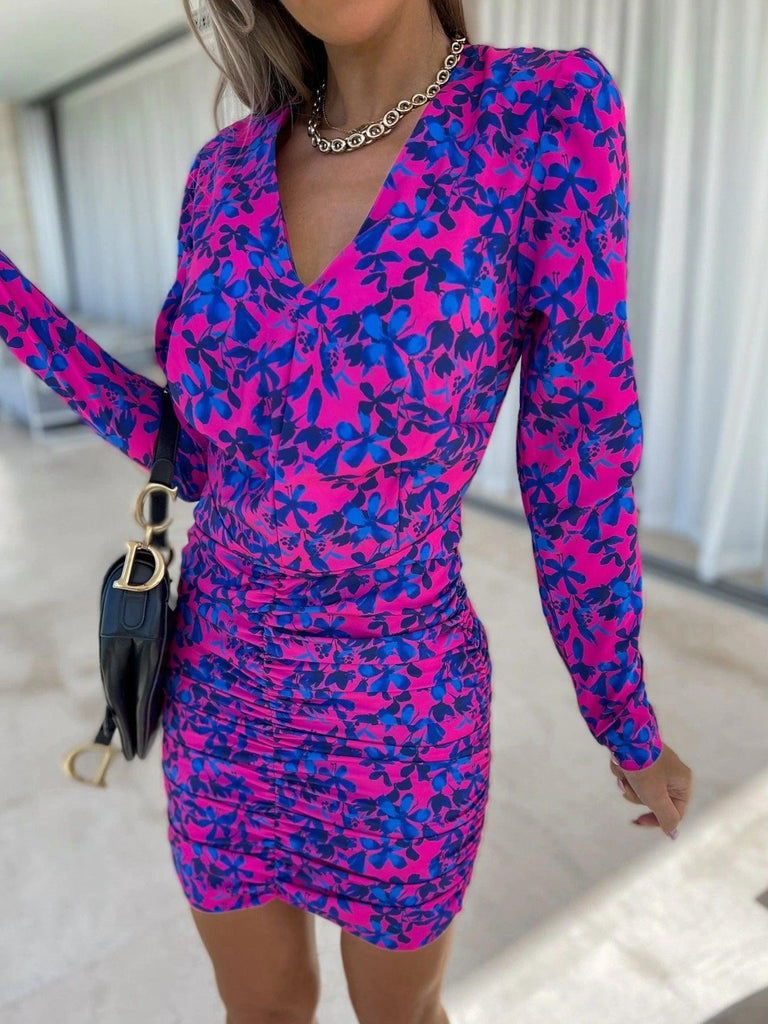 Long Sleeve V - Neck Print Pack Hip Gathered Body Dress - Amazitshop