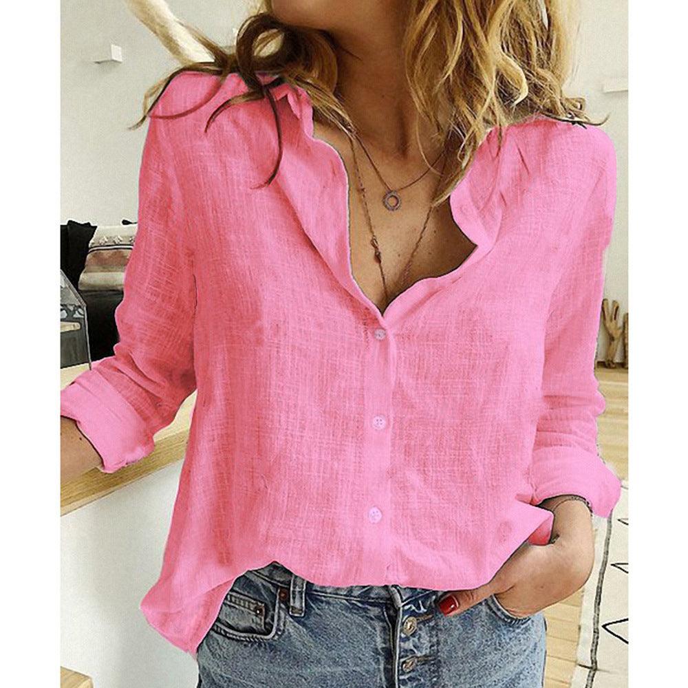 Loose Button Lapel Cardigan Top Long Sleeve Shirt Women Blouses - Amazitshop