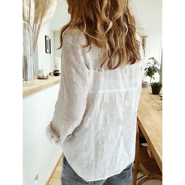 Loose Button Lapel Cardigan Top Long Sleeve Shirt Women Blouses - Amazitshop