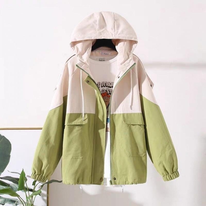 Loose Hooded Color Matching Workwear Ins Jacket - Amazitshop