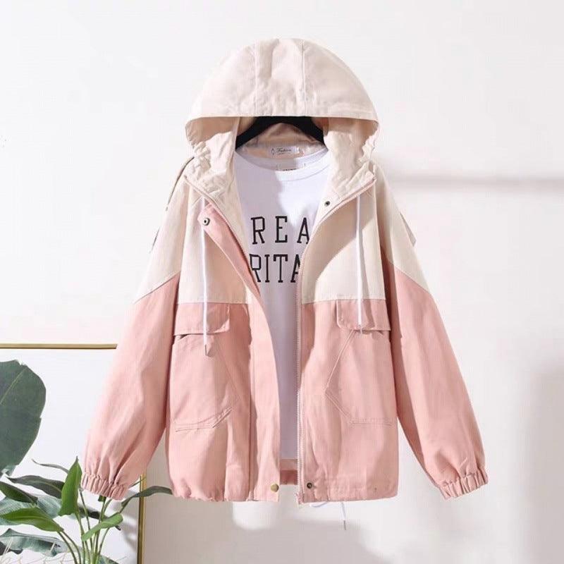 Loose Hooded Color Matching Workwear Ins Jacket - Amazitshop