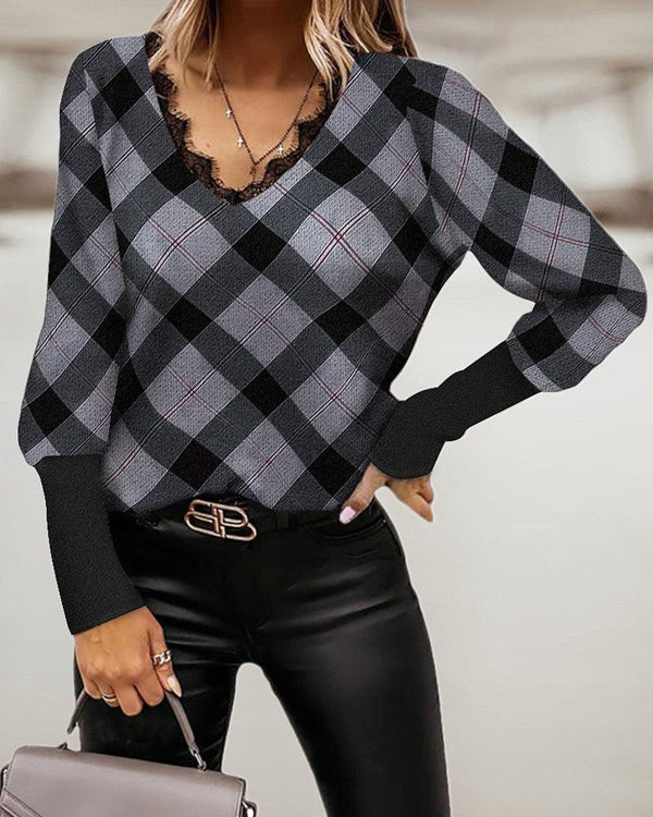 Loose Long Sleeved Pullover V Neck Check Print Blouse - Amazitshop