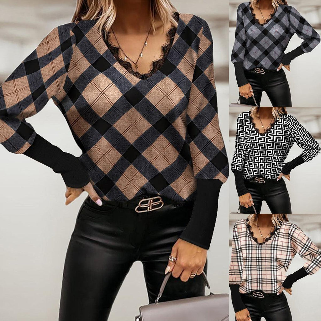 Loose Long Sleeved Pullover V Neck Check Print Blouse - Amazitshop