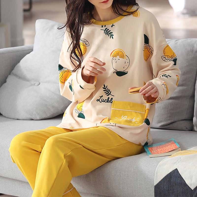 Loose Print Pajamas Women Autumn Winter Pyjama Set Long Sleeves And Trousers Elegant Sleepwear Girl Loungewear Home Clothes - Amazitshop