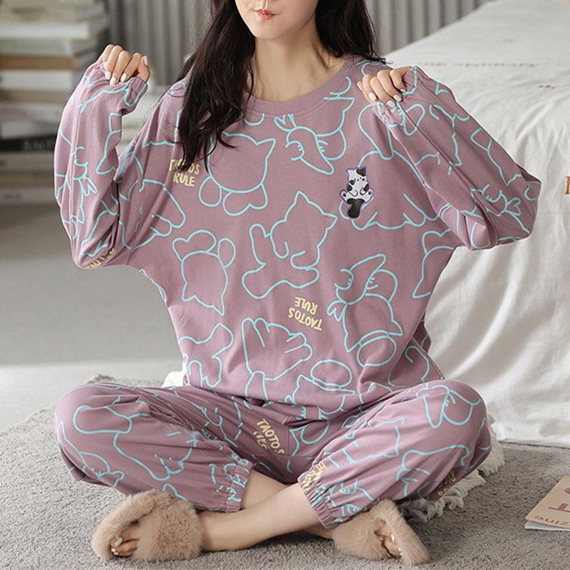 Loose Print Pajamas Women Autumn Winter Pyjama Set Long Sleeves And Trousers Elegant Sleepwear Girl Loungewear Home Clothes - Amazitshop