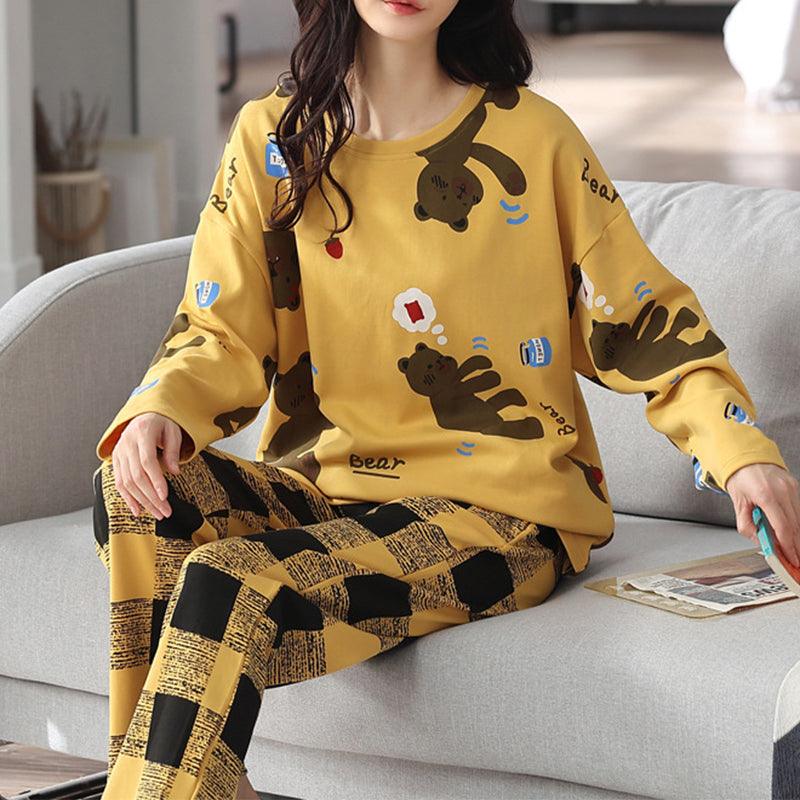 Loose Print Pajamas Women Autumn Winter Pyjama Set Long Sleeves And Trousers Elegant Sleepwear Girl Loungewear Home Clothes - Amazitshop