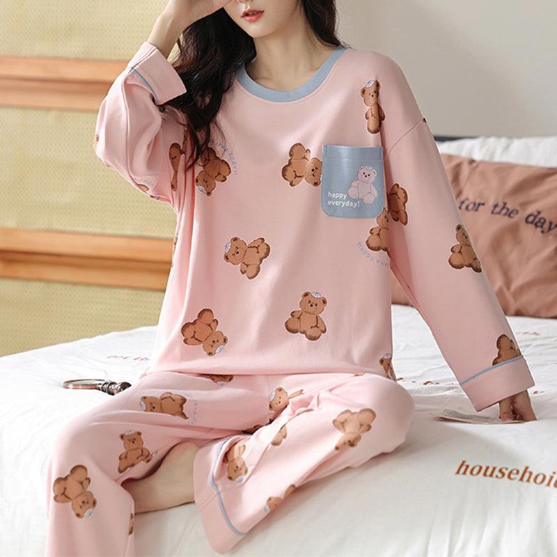 Loose Print Pajamas Women Autumn Winter Pyjama Set Long Sleeves And Trousers Elegant Sleepwear Girl Loungewear Home Clothes - Amazitshop