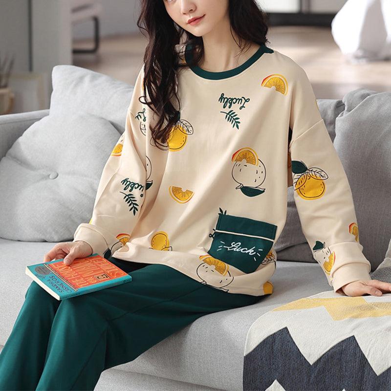 Loose Print Pajamas Women Autumn Winter Pyjama Set Long Sleeves And Trousers Elegant Sleepwear Girl Loungewear Home Clothes - Amazitshop