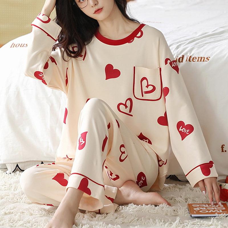 Loose Print Pajamas Women Autumn Winter Pyjama Set Long Sleeves And Trousers Elegant Sleepwear Girl Loungewear Home Clothes - Amazitshop