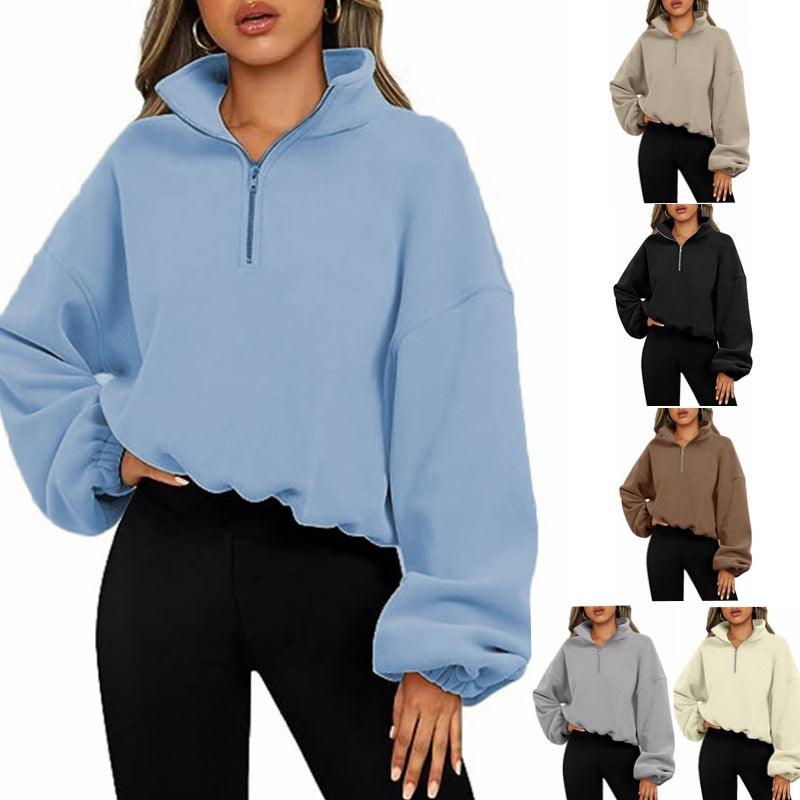 Loose Sport Pullover Hoodie Women Winter Solid Color Zipper Stand Collar Sweatshirt Thick Warm Clothing - Amazitshop