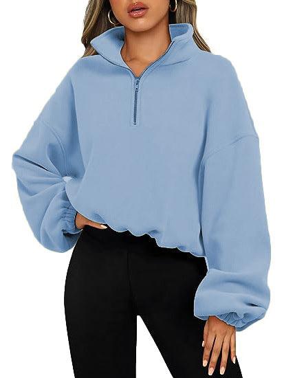 Loose Sport Pullover Hoodie Women Winter Solid Color Zipper Stand Collar Sweatshirt Thick Warm Clothing - Amazitshop