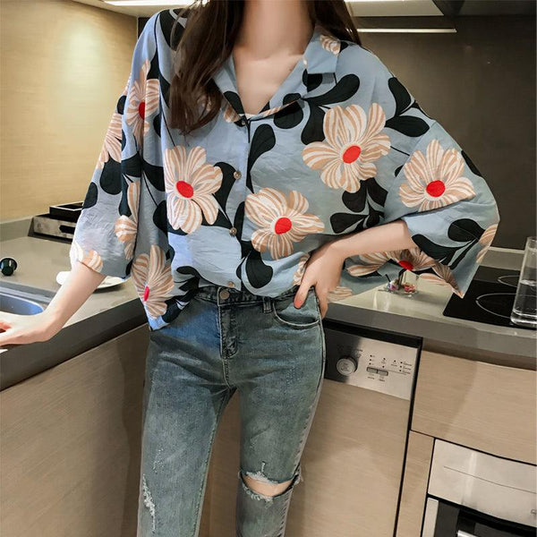 Loose Western Style Blouse Chiffon Sunscreen Shirt Retro Floral - Amazitshop