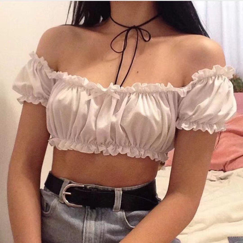 Loose wooden earrings, tube top, high waist, solid color, short - sleeved T-shirt - Amazitshop