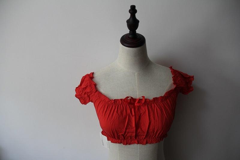 Loose wooden earrings, tube top, high waist, solid color, short - sleeved T-shirt - Amazitshop