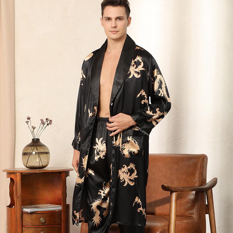 Luxury Silk Robe Pants Pajama Set Two - piece Imitate Silk Long - sleeved Pajamas Large Size Bathrobes Robe Sets For Men Clothing - Amazitshop