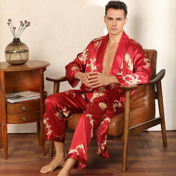 Luxury Silk Robe Pants Pajama Set Two - piece Imitate Silk Long - sleeved Pajamas Large Size Bathrobes Robe Sets For Men Clothing - Amazitshop