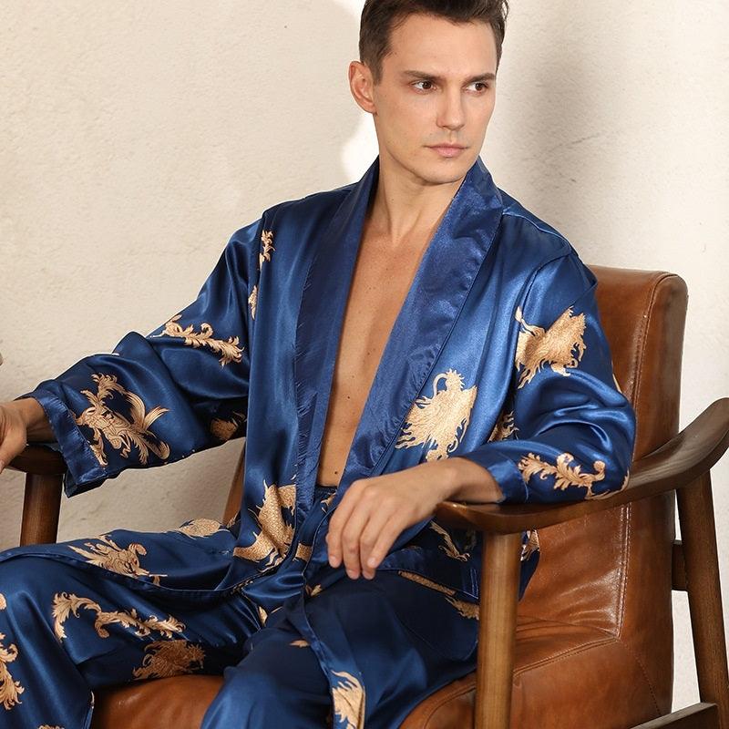 Luxury Silk Robe Pants Pajama Set Two - piece Imitate Silk Long - sleeved Pajamas Large Size Bathrobes Robe Sets For Men Clothing - Amazitshop