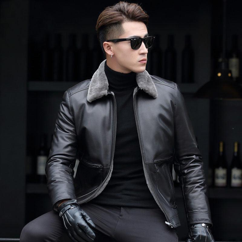 Male Leather Short Chic Motorcycle Jacket Thickened Coat - Amazitshop