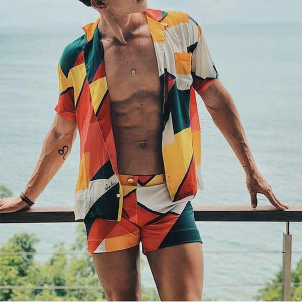 Man Vintage Printing Hawaiian Suits Men Summer Sets Short - Amazitshop