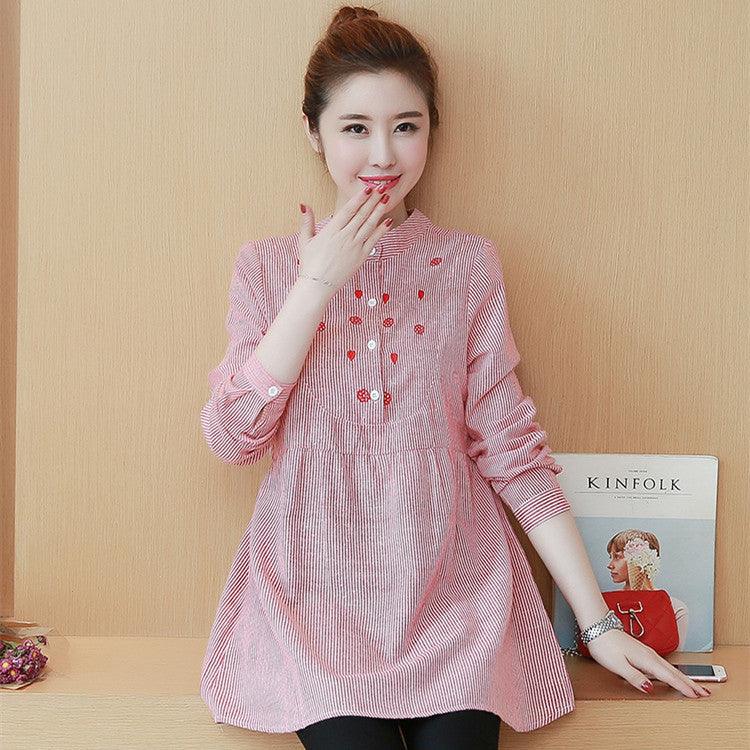 Maternity Dress Stand - up Collar Striped Embroidery Maternity Top - Amazitshop