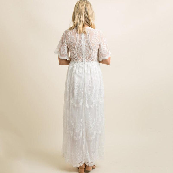 Maternity Dresses for Photo Shoot Summer V Neck White Lace Short Sleeve Pregnancy Dress Pregnant Women Photography Maxi Dress - Amazitshop