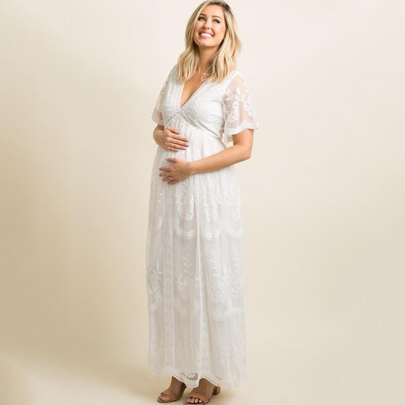 Maternity Dresses for Photo Shoot Summer V Neck White Lace Short Sleeve Pregnancy Dress Pregnant Women Photography Maxi Dress - Amazitshop