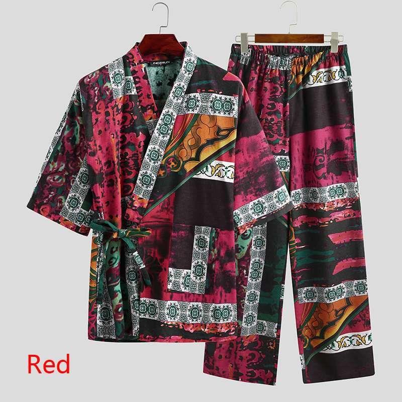 Men Pajamas Sets Men Half Sleeve V Neck Printed Lace Up - Amazitshop
