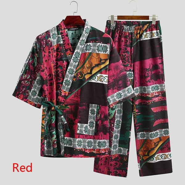 Men Pajamas Sets Men Half Sleeve V Neck Printed Lace Up - Amazitshop