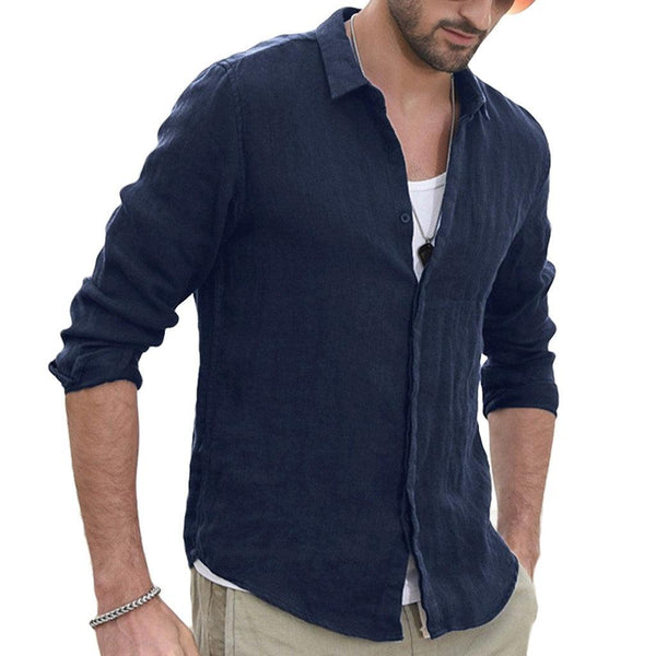 Men Shirt Cotton Blend Pocket Solid Long Sleeve Tops - Amazitshop