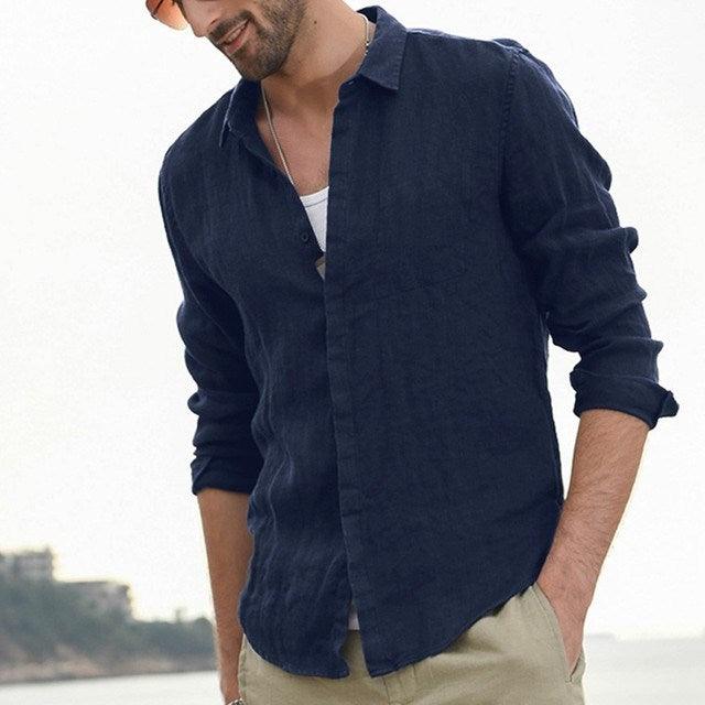 Men Shirt Cotton Blend Pocket Solid Long Sleeve Tops - Amazitshop
