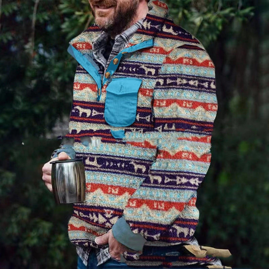 Men's Casual Flannel Fleece Sweatshirt Button Pocket Sweater - Amazitshop