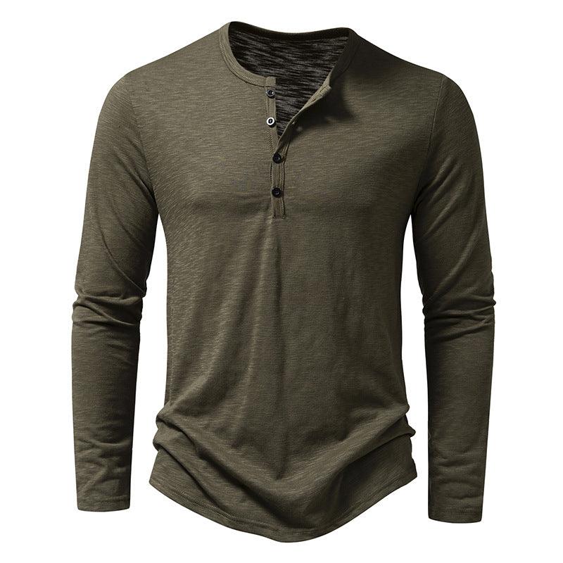 Mens Clothing Long Sleeve T-shirt Fashion Button Henry Collar Tops - Amazitshop