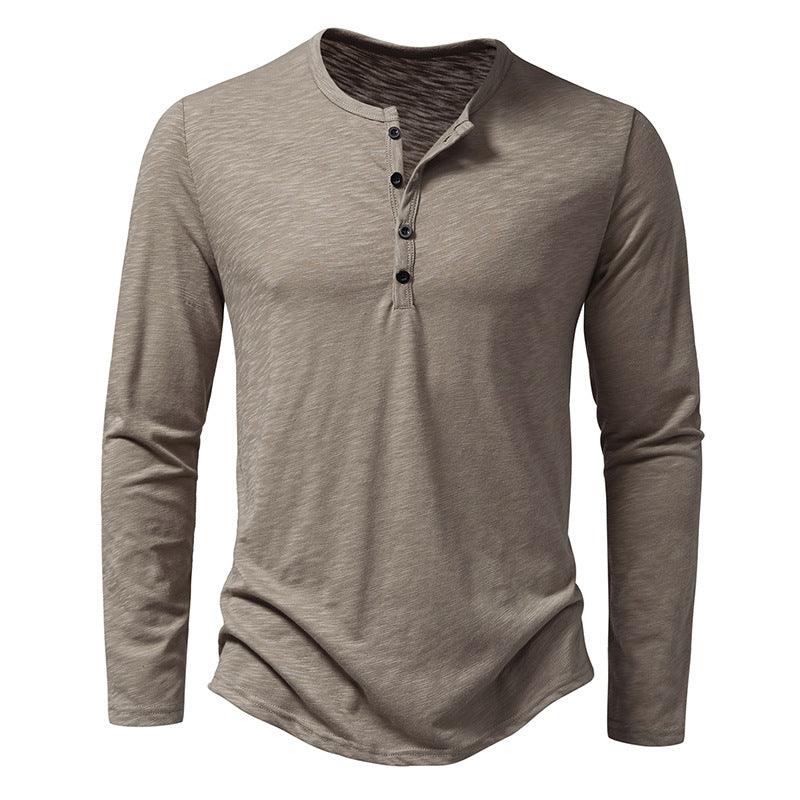 Mens Clothing Long Sleeve T-shirt Fashion Button Henry Collar Tops - Amazitshop