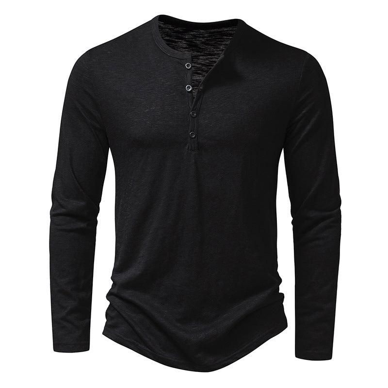 Mens Clothing Long Sleeve T-shirt Fashion Button Henry Collar Tops - Amazitshop