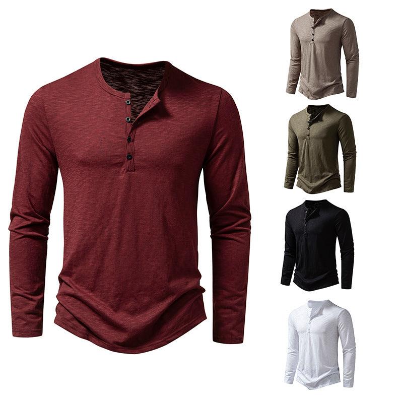 Mens Clothing Long Sleeve T-shirt Fashion Button Henry Collar Tops - Amazitshop