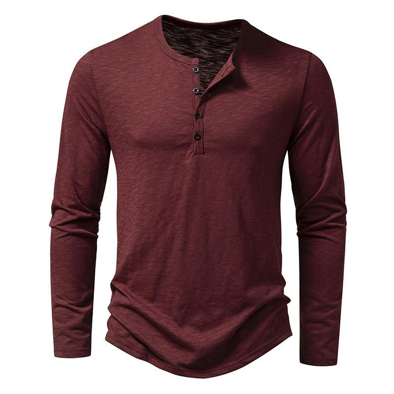 Mens Clothing Long Sleeve T-shirt Fashion Button Henry Collar Tops - Amazitshop