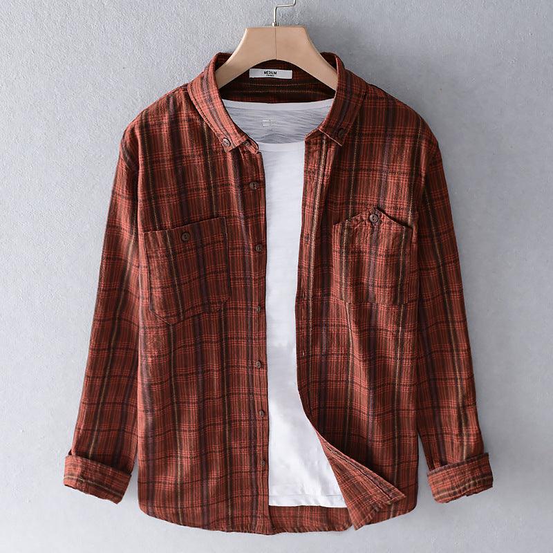 Men's Cotton Long - sleeved Striped Shirt Slim Top - Amazitshop