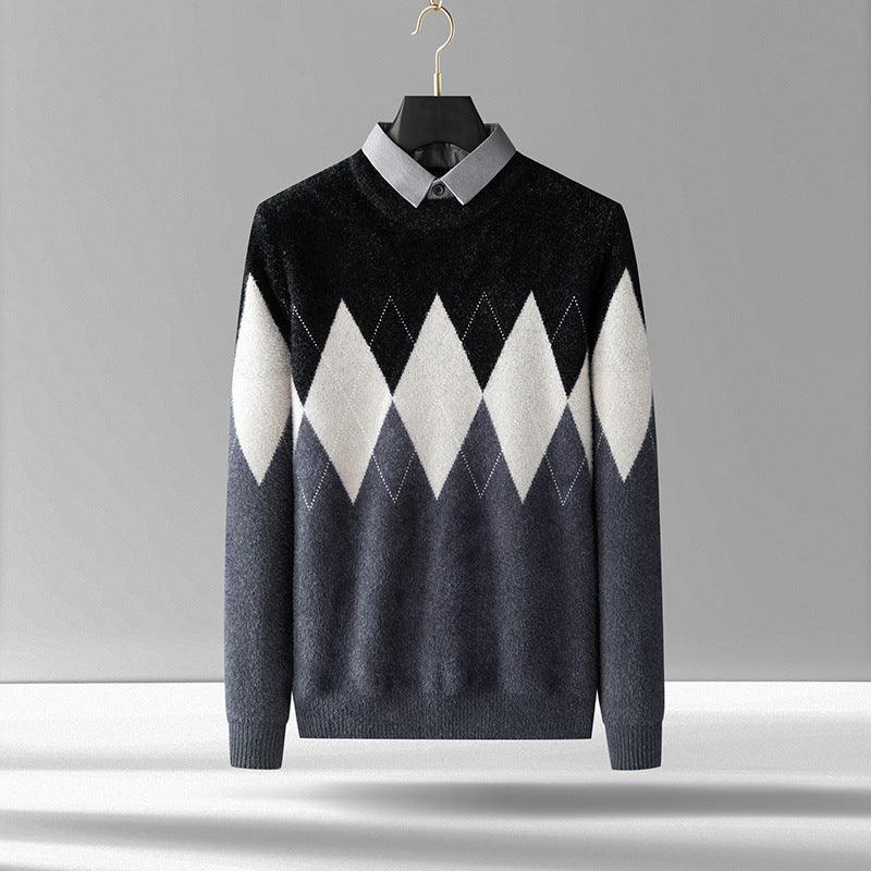 Men's Diamond Block Fake Two - piece Imitation Mink Bottoming Shirt - Amazitshop