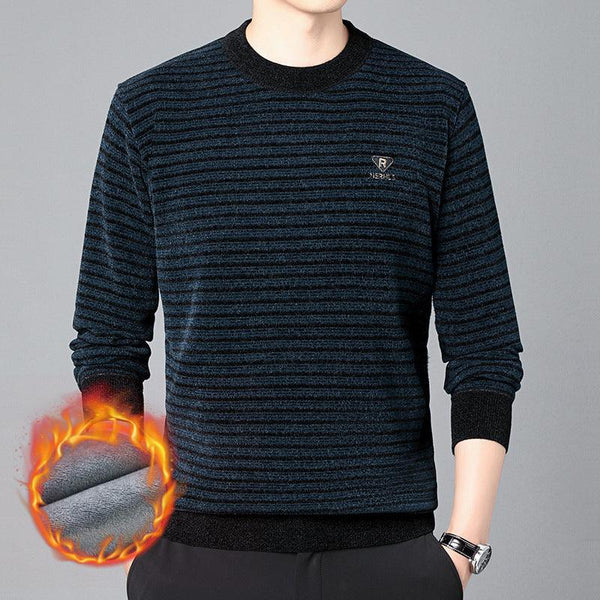 Men's Fashion Velvet Padded Thick Round Neck Striped Sweater - Amazitshop