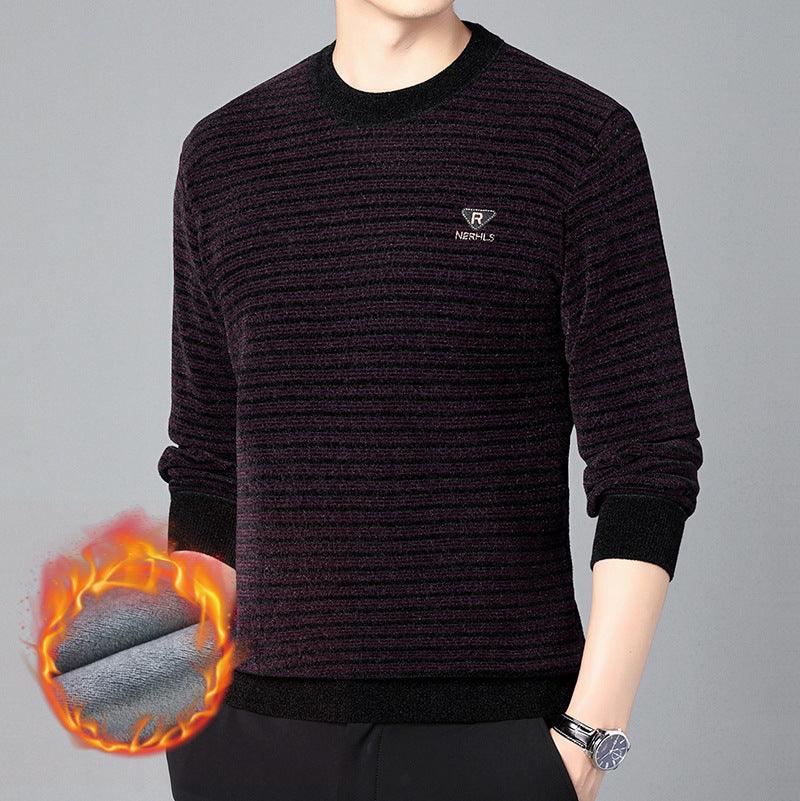 Men's Fashion Velvet Padded Thick Round Neck Striped Sweater - Amazitshop