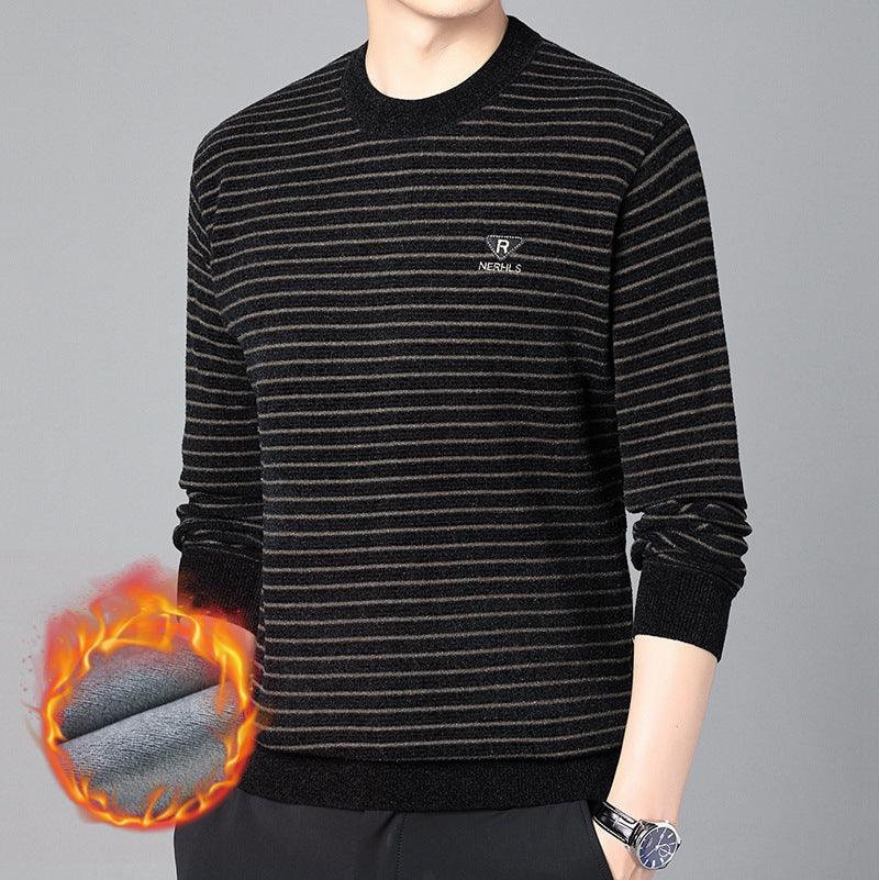 Men's Fashion Velvet Padded Thick Round Neck Striped Sweater - Amazitshop
