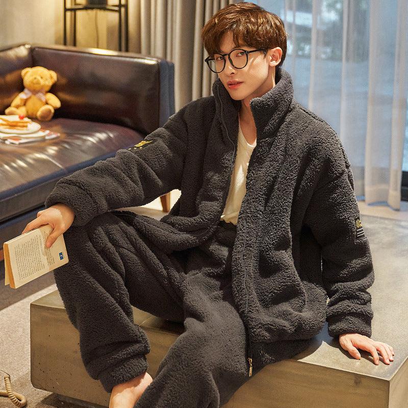 Men's Flannel Pajamas Stand Collar Zipper With Extra Thickness For Warmth - Amazitshop
