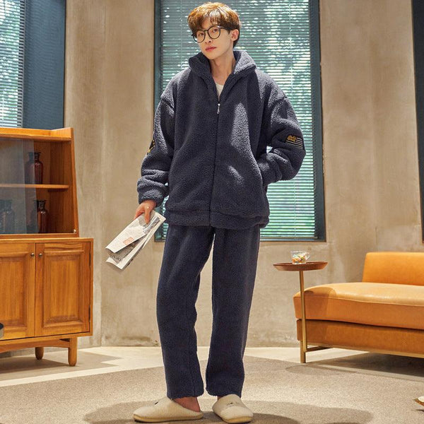 Men's Flannel Pajamas Stand Collar Zipper With Extra Thickness For Warmth - Amazitshop