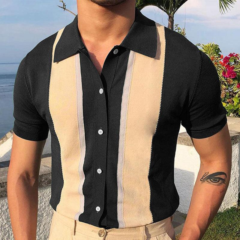 Men's Lapel Collar Contrast Color Knit Short Sleeve POLO Shirt - Amazitshop