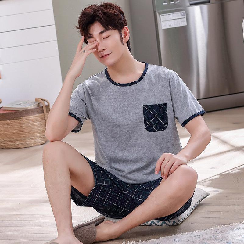 Men's Pajamas Short - sleeved Shorts Knitted Cotton Pullover - Amazitshop