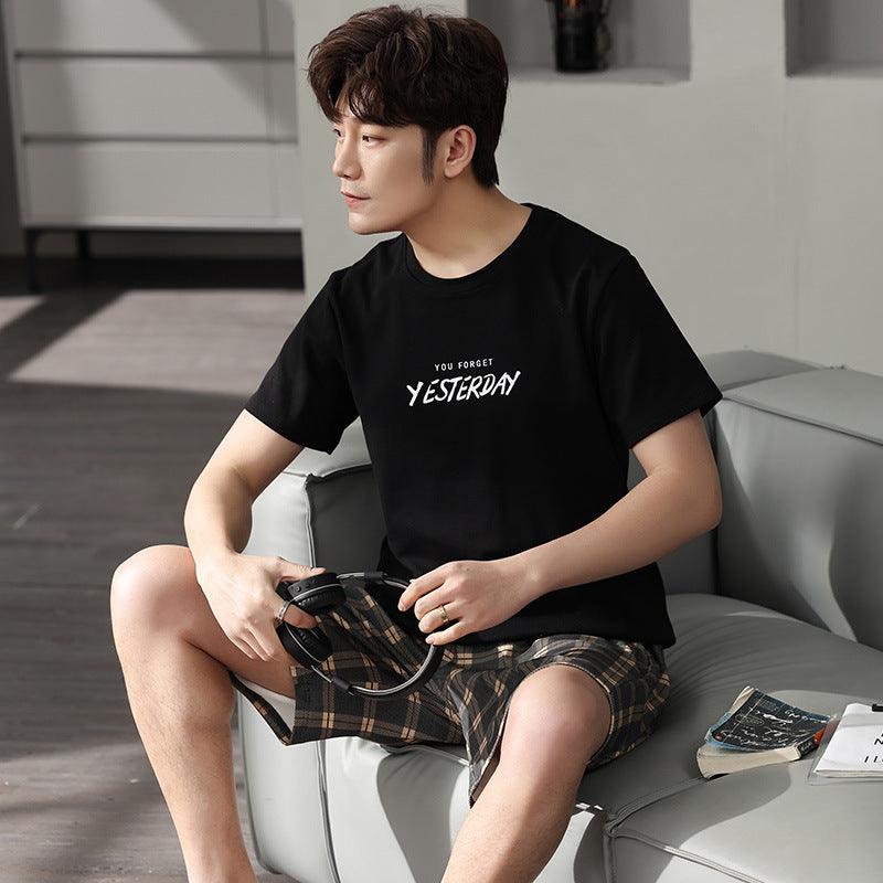 Men's Pajamas Short - sleeved Shorts Knitted Cotton Pullover - Amazitshop