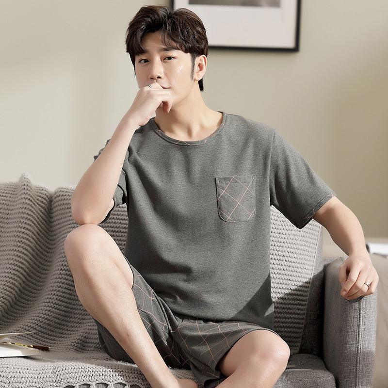 Men's Pajamas Short - sleeved Shorts Knitted Cotton Pullover - Amazitshop