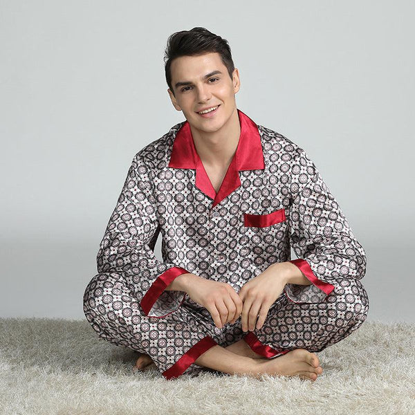 Men's Printed Silk Pajamas Spring And Summer Long - Sleeved Suit - Amazitshop
